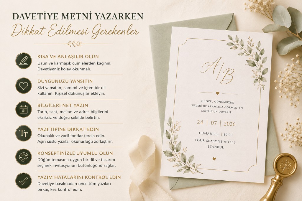 Davetiye metni yazarken dikkat edilmesi gerekenler — kısa ve anlaşılır, duyguyu yansıt, bilgileri net yaz